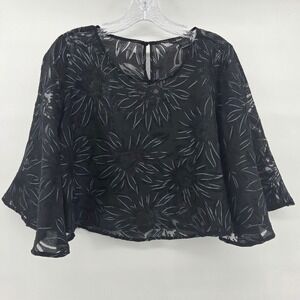Caribbean Queen Crop Top Medium Black Floral Bell Sleeve Sheer Witchy Goth